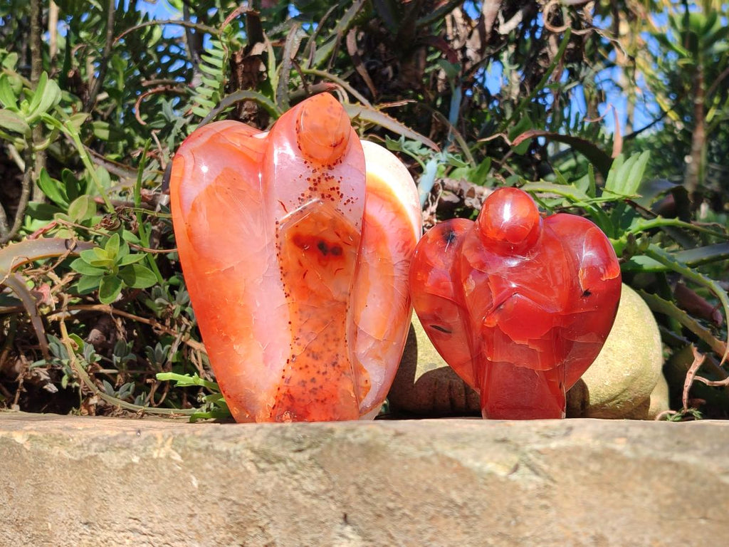 Polished Carnelian Agate Gemstone Heart Shaped Angel Carvings x 2 From Madagascar