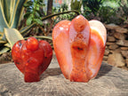 Polished Carnelian Agate Gemstone Heart Shaped Angel Carvings x 2 From Madagascar