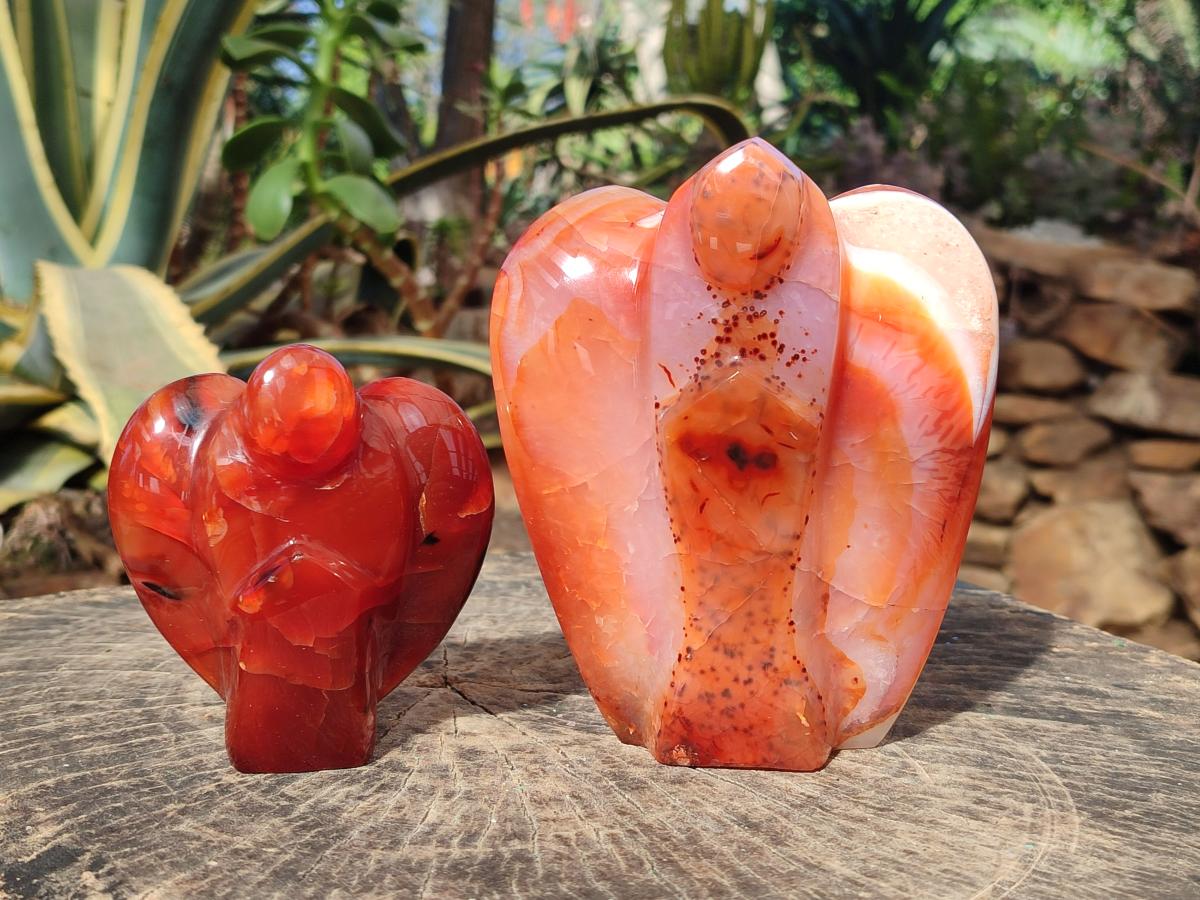 Polished Carnelian Agate Gemstone Heart Shaped Angel Carvings x 2 From Madagascar
