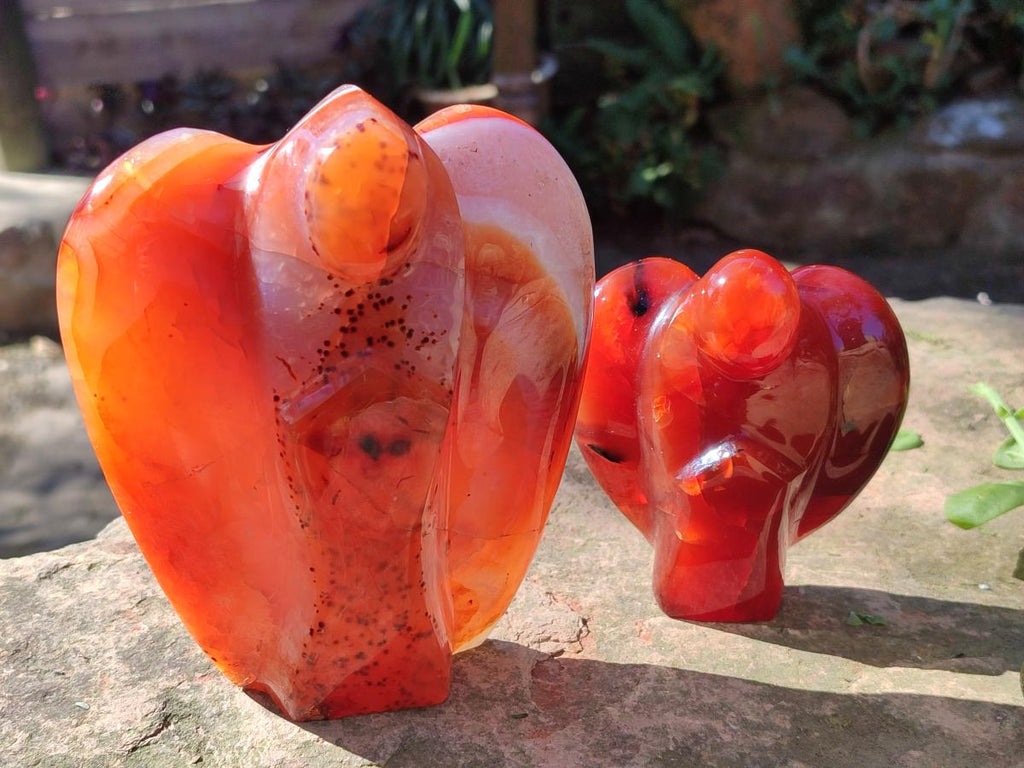 Polished Carnelian Agate Gemstone Heart Shaped Angel Carvings x 2 From Madagascar