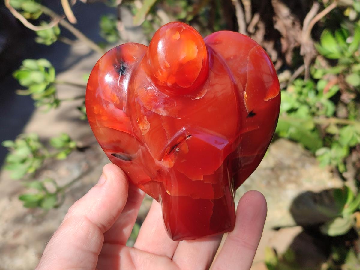 Polished Carnelian Agate Gemstone Heart Shaped Angel Carvings x 2 From Madagascar