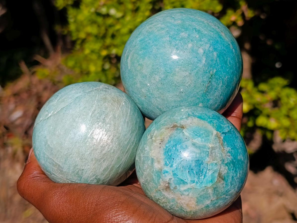 Polished Amazonite Spheres x 3 From Madagascar - Toprock Gemstones and Minerals 
