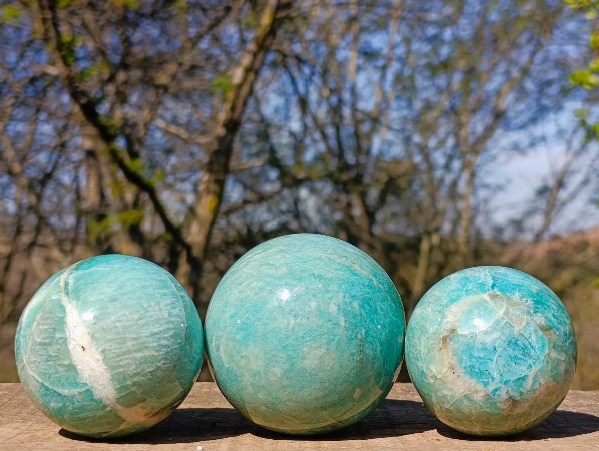 Polished Amazonite Spheres x 3 From Madagascar - Toprock Gemstones and Minerals 