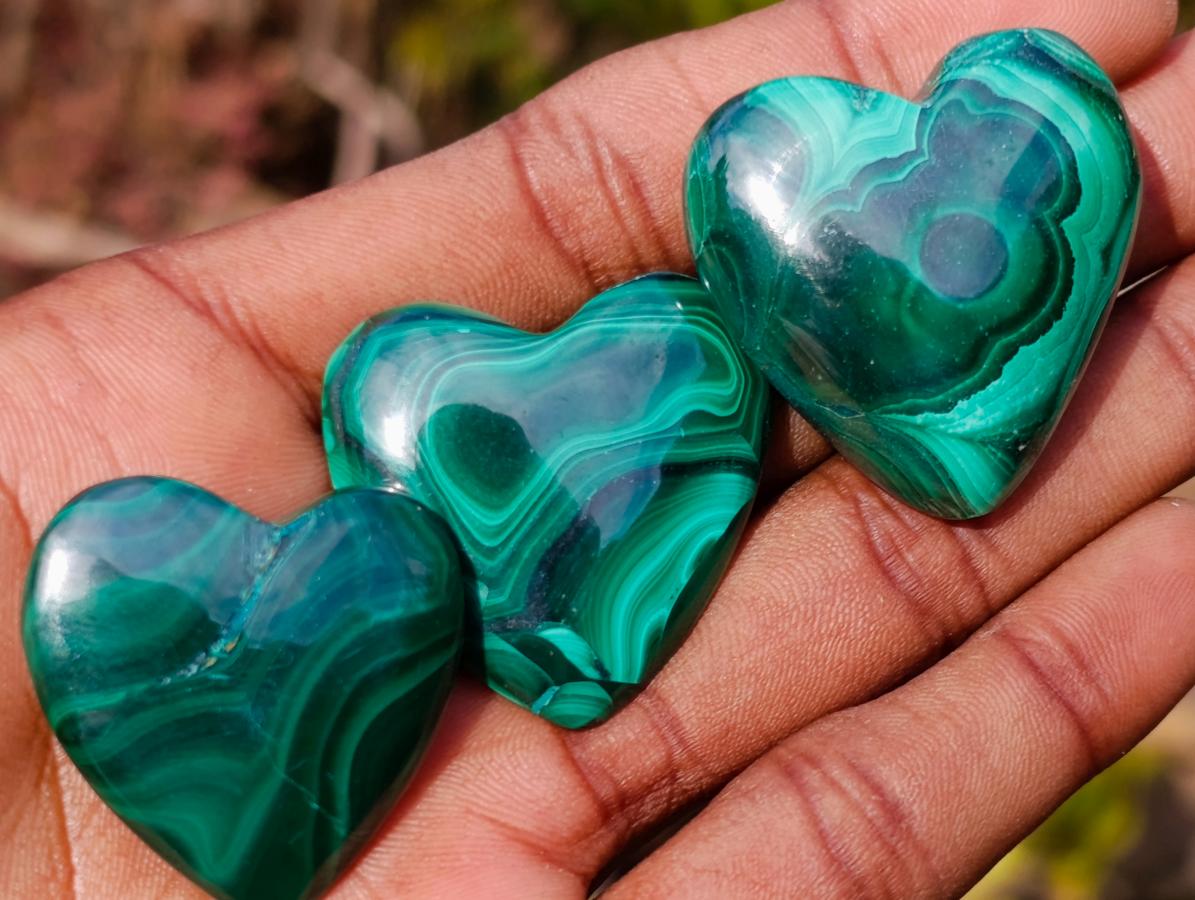 Polished Small Flower Banded Malachite Hearts x 20 From Congo - Toprock Gemstones and Minerals 