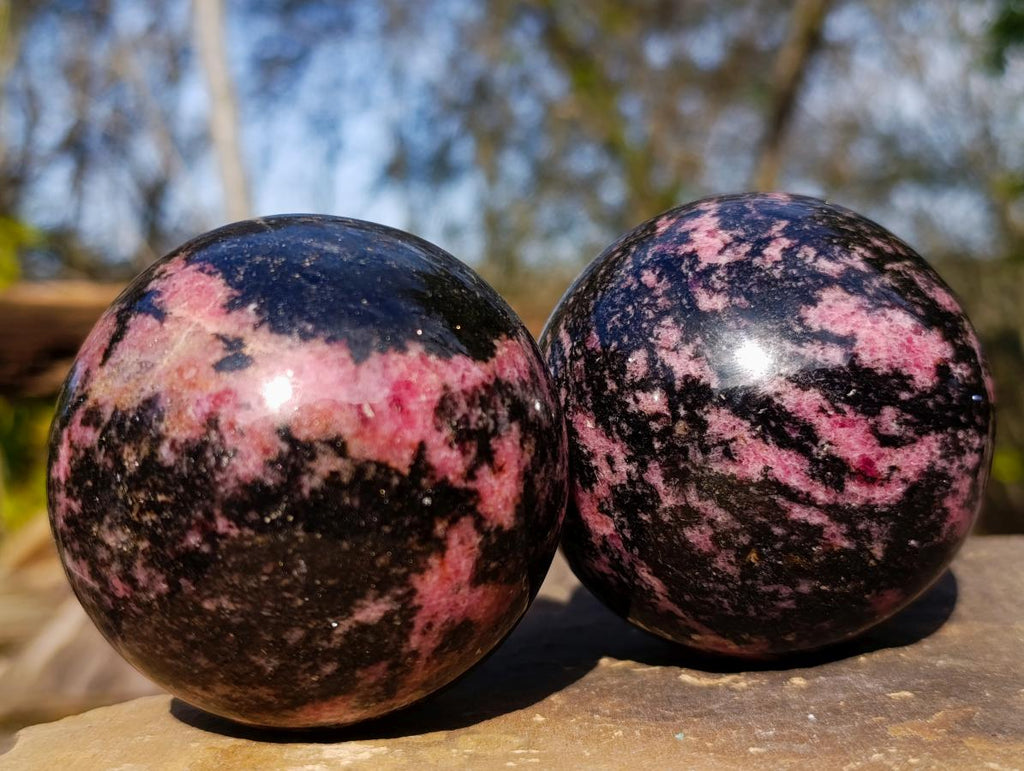 Polished Rhodonite Gemstone Spheres x 3 From Ambindavato, Madagascar - Toprock Gemstones and Minerals 