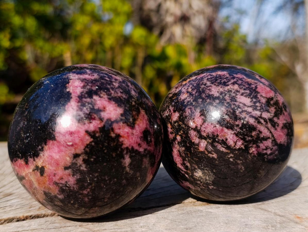 Polished Rhodonite Gemstone Spheres x 3 From Ambindavato, Madagascar - Toprock Gemstones and Minerals 