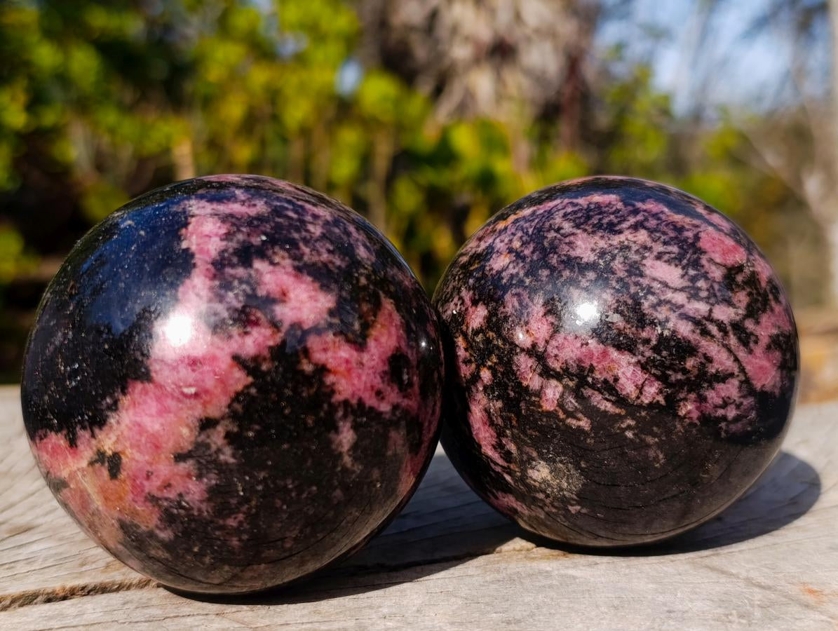 Polished Rhodonite Gemstone Spheres x 3 From Ambindavato, Madagascar - Toprock Gemstones and Minerals 