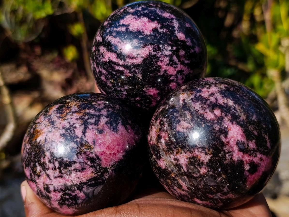 Polished Rhodonite Gemstone Spheres x 3 From Ambindavato, Madagascar - Toprock Gemstones and Minerals 