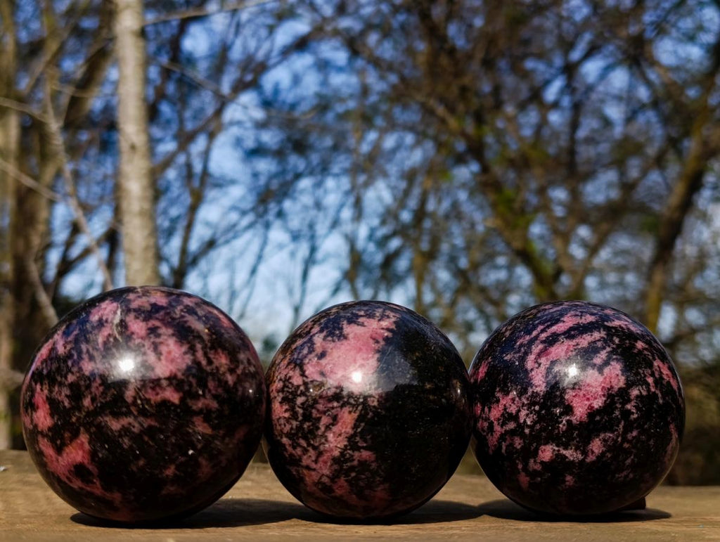 Polished Rhodonite Gemstone Spheres x 3 From Ambindavato, Madagascar - Toprock Gemstones and Minerals 