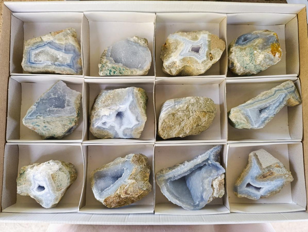 Polished One Side Blue Lace Agate Geodes x 12 From Nsanje, Malawi - Toprock Gemstones and Minerals 