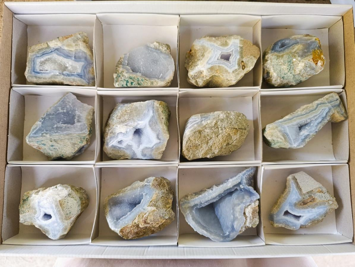 Polished One Side Blue Lace Agate Geodes x 12 From Nsanje, Malawi - Toprock Gemstones and Minerals 
