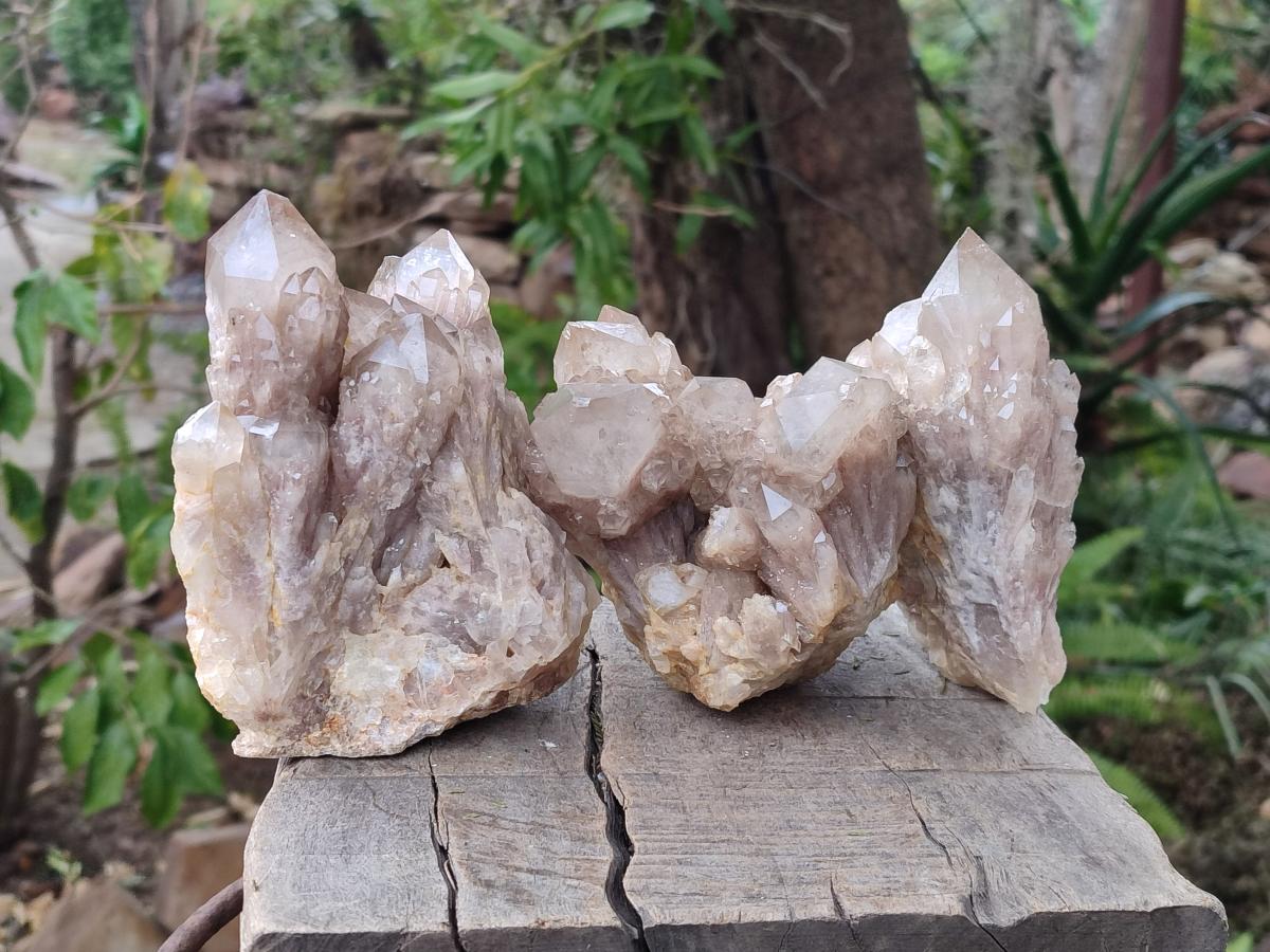 Natural Cascading White Phantom Smokey Luena Quartz Clusters x 3 From Luena, Congo