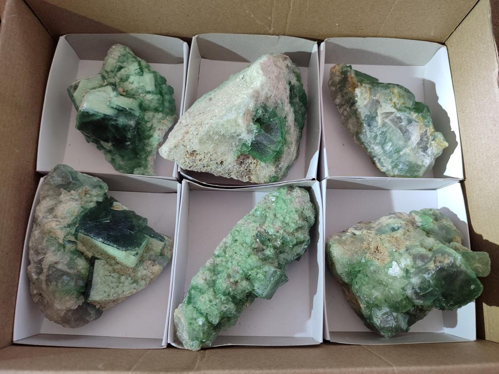 Natural Green Cubic Fluorite Specimens x 6 From Mandrosonoro, Madagascar