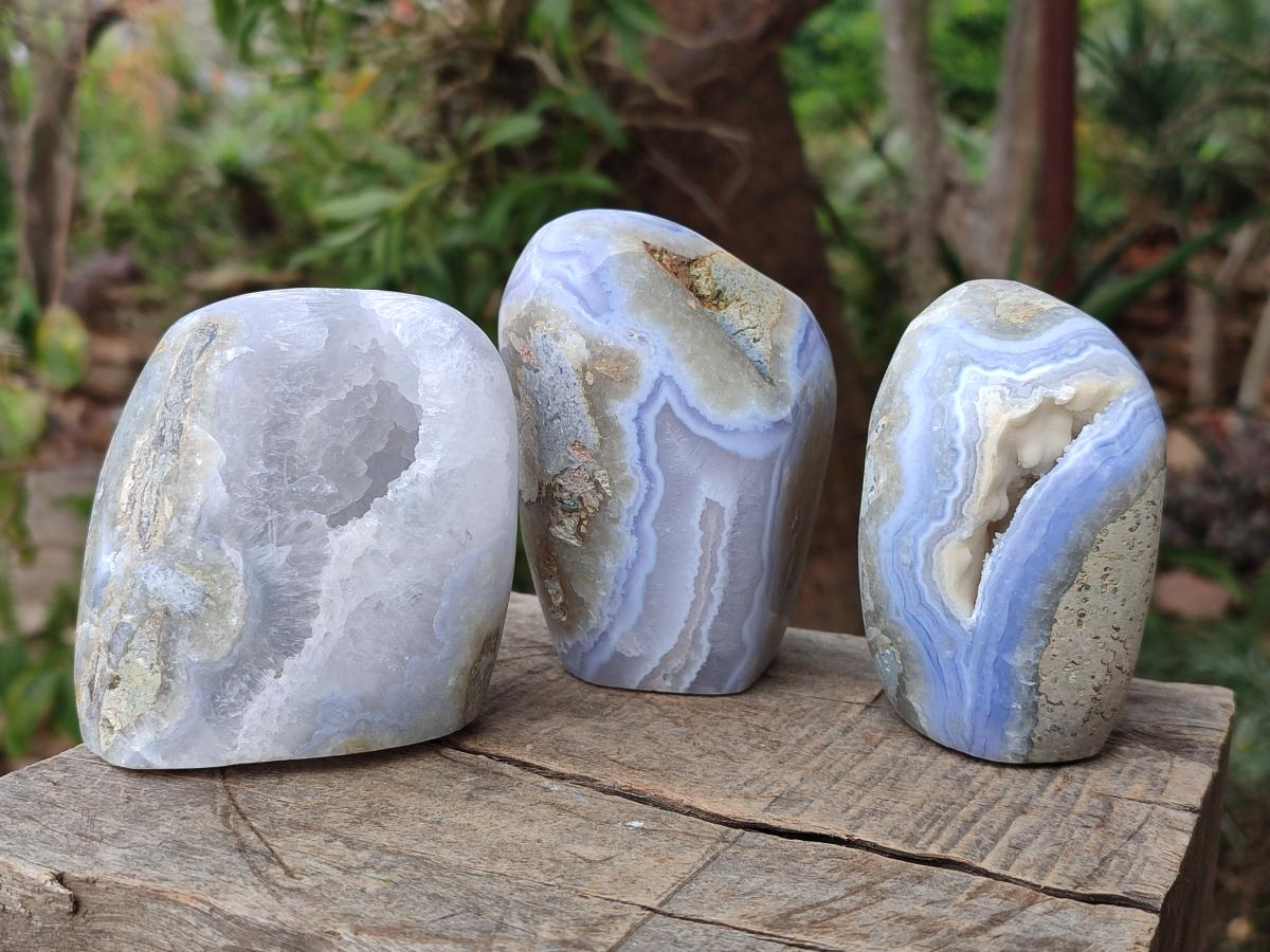 Polished Blue Lace Agate Standing Display Pieces x 3 From Nsanje, Malawi - Toprock Gemstones and Minerals 