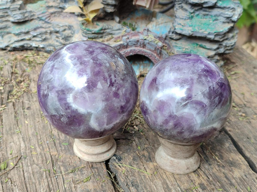 Polished Chevron Amethyst Spheres x 2 From Zambia - Toprock Gemstones and Minerals 