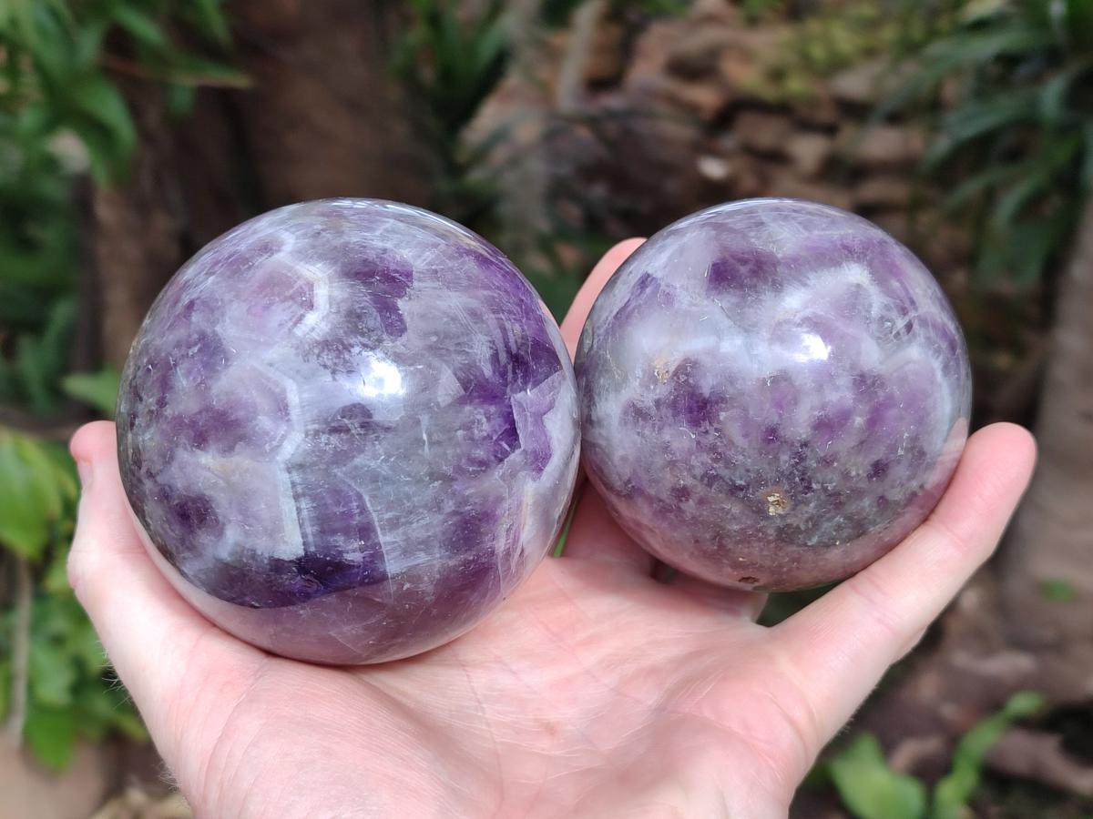 Polished Chevron Amethyst Spheres x 2 From Zambia - Toprock Gemstones and Minerals 
