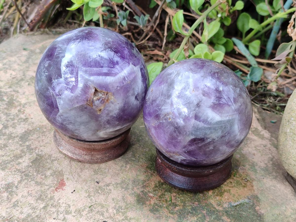 Polished Chevron Amethyst Spheres x 2 From Zambia - Toprock Gemstones and Minerals 