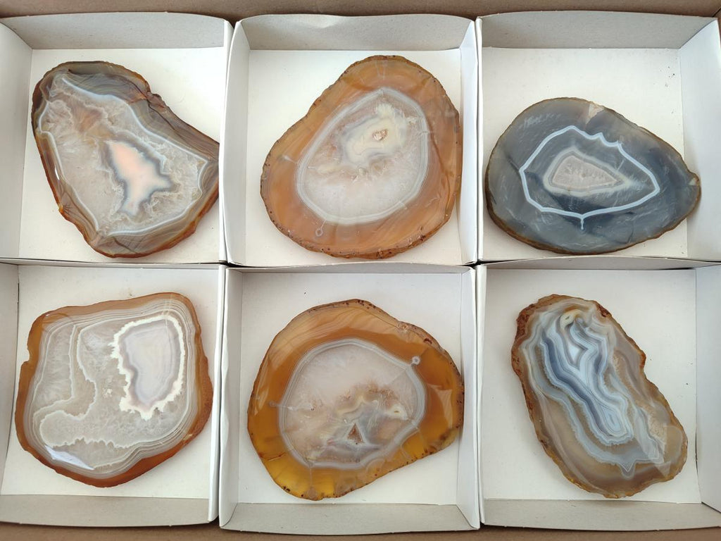 Polished and Natural Large Banded Agate Slices with Natural Edging x 6 From Madagascar - Toprock Gemstones and Minerals 