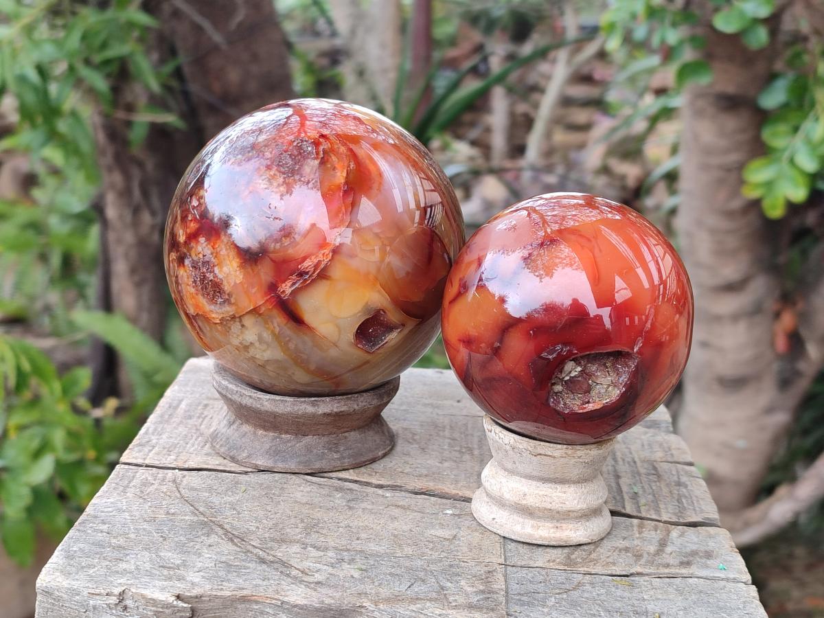 Polished and Natural Large Carnelian Agate Gemstone Spheres x 2 From Madagascar - Toprock Gemstones and Minerals 