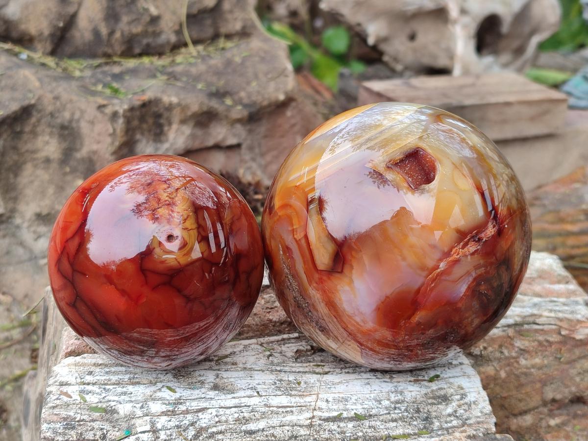 Polished and Natural Large Carnelian Agate Gemstone Spheres x 2 From Madagascar - Toprock Gemstones and Minerals 