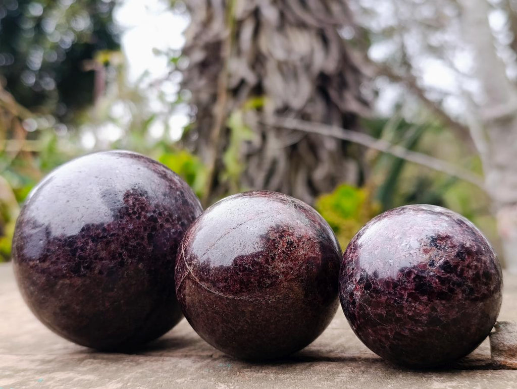 Polished Garnet Spheres x 3 From Mahajanga, Madagascar