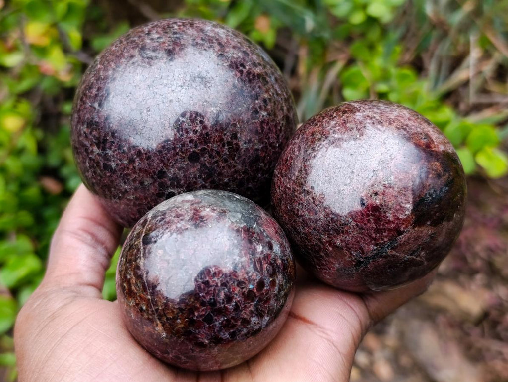 Polished Garnet Spheres x 3 From Mahajanga, Madagascar