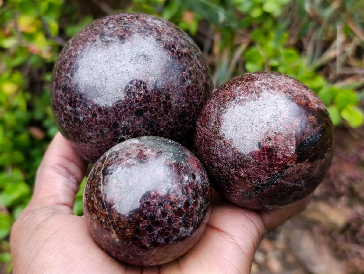 Polished Garnet Spheres x 3 From Mahajanga, Madagascar
