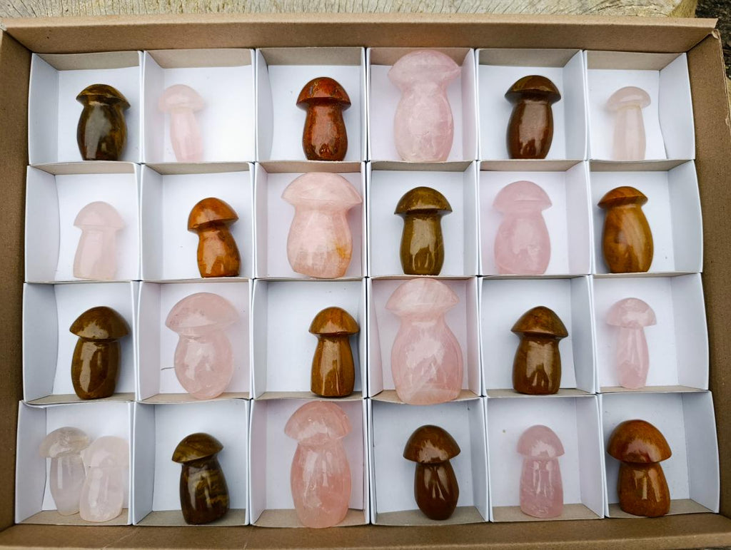 Polished Mix of Rose Quartz and Ocean Jasper Mini Mushrooms x 25 From Madagascar