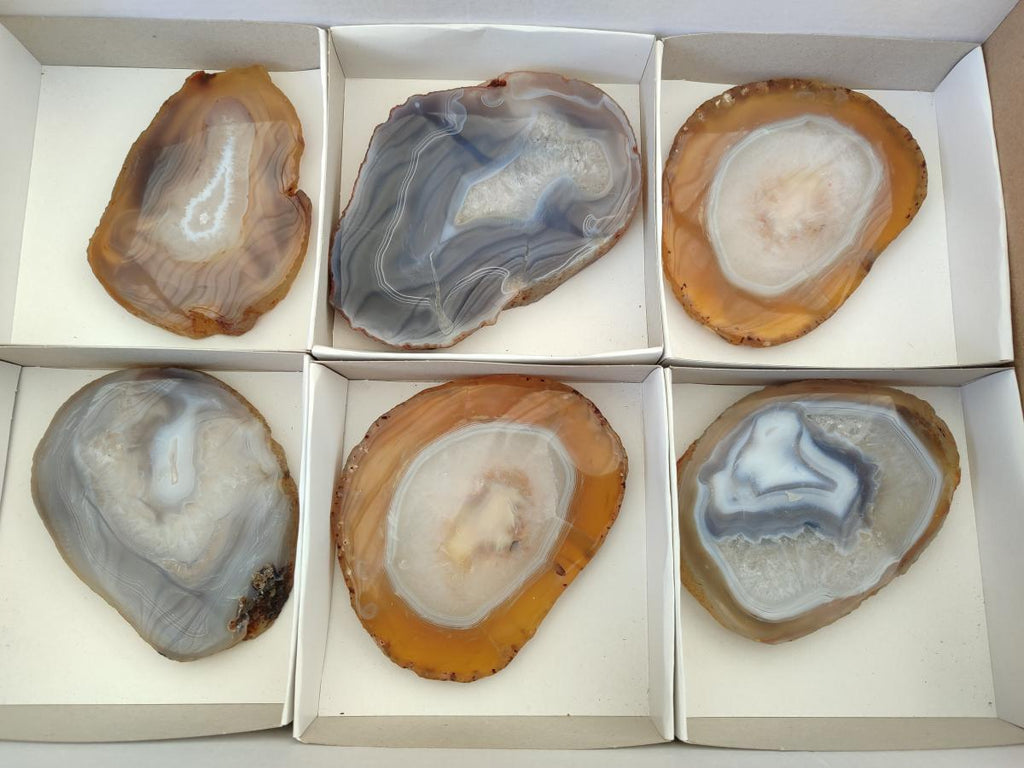 Polished and Natural Banded Agate Slices with Natural Edging x 6 From Madagascar - Toprock Gemstones and Minerals 
