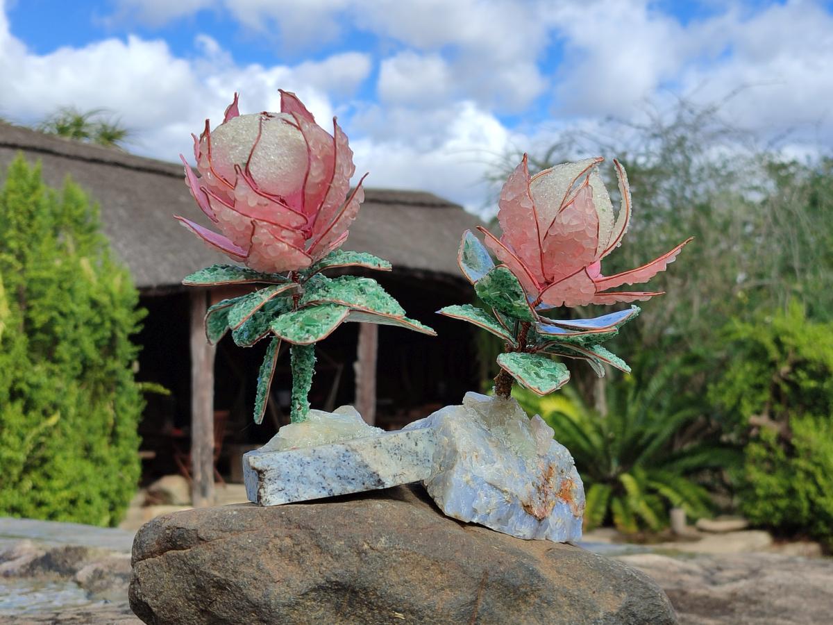 Hand Made Gemstone King Protea Flowers x 2 From South Africa - Toprock Gemstones and Minerals 