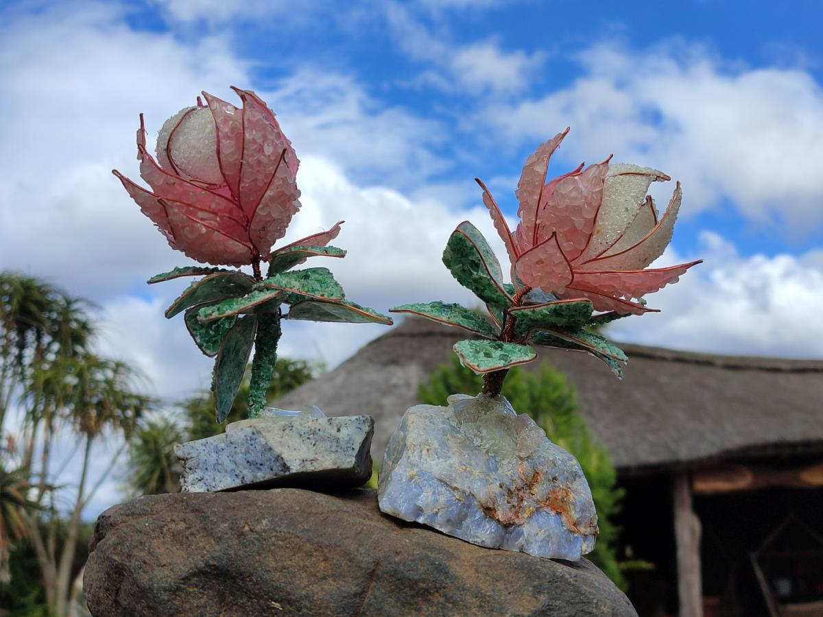 Hand Made Gemstone King Protea Flowers x 2 From South Africa - Toprock Gemstones and Minerals 