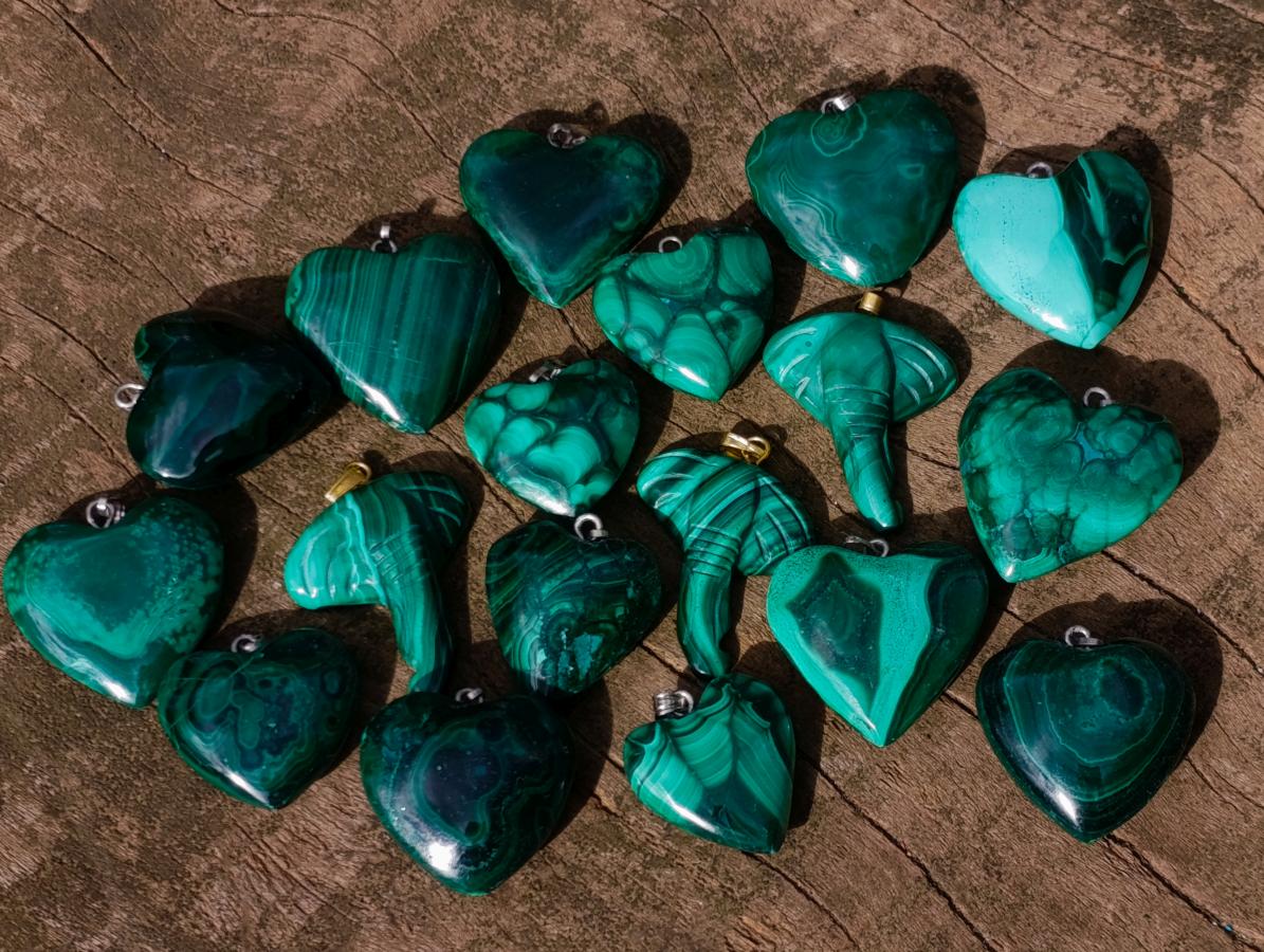 Hand Made Flower Banded Malachite Heart and Elephant Shaped Pendants x 19 From Congo - Toprock Gemstones and Minerals 