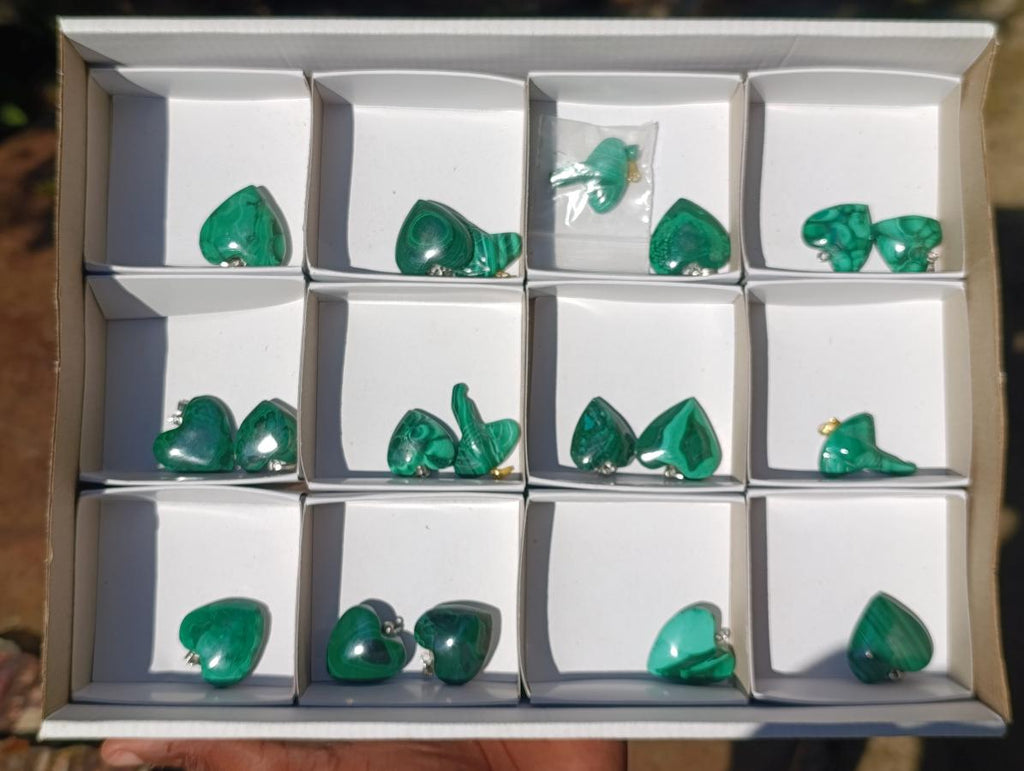 Hand Made Flower Banded Malachite Heart and Elephant Shaped Pendants x 19 From Congo - Toprock Gemstones and Minerals 