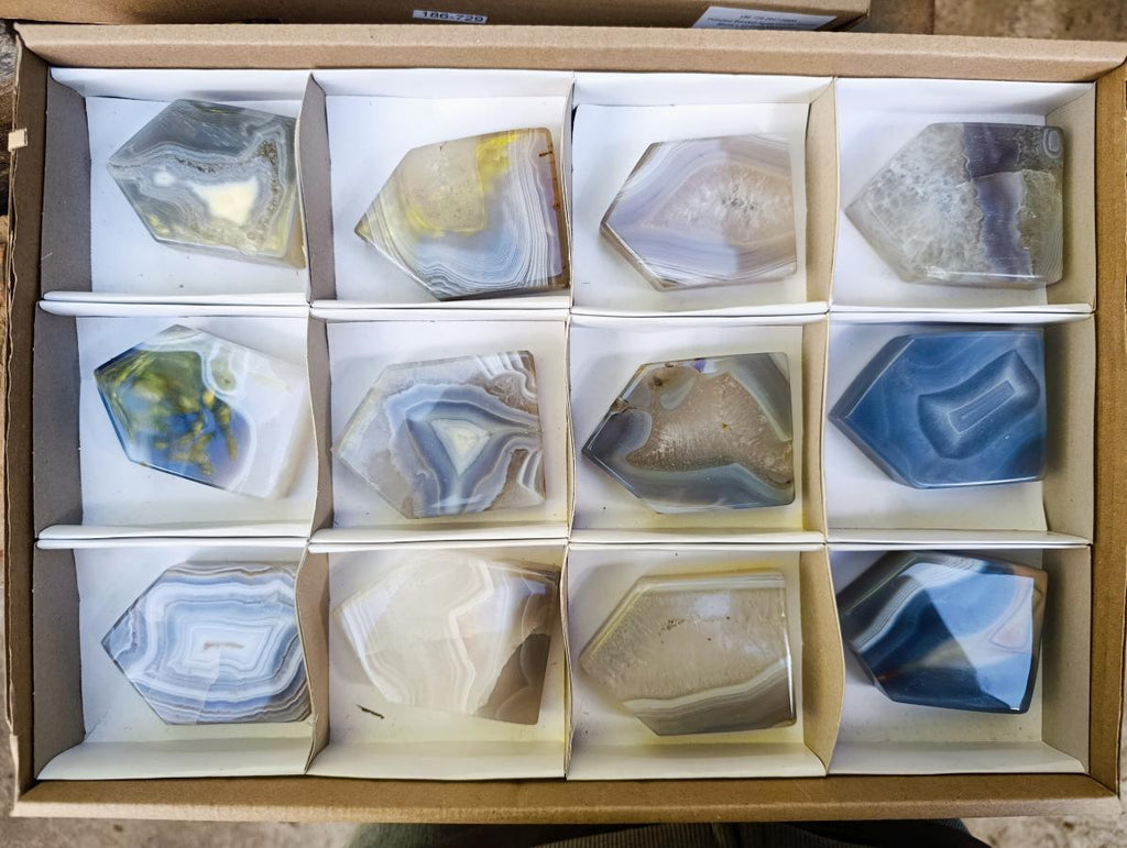 Polished Banded Agate Crystal Shaped Slices x 12 From Madagascar - Toprock Gemstones and Minerals 