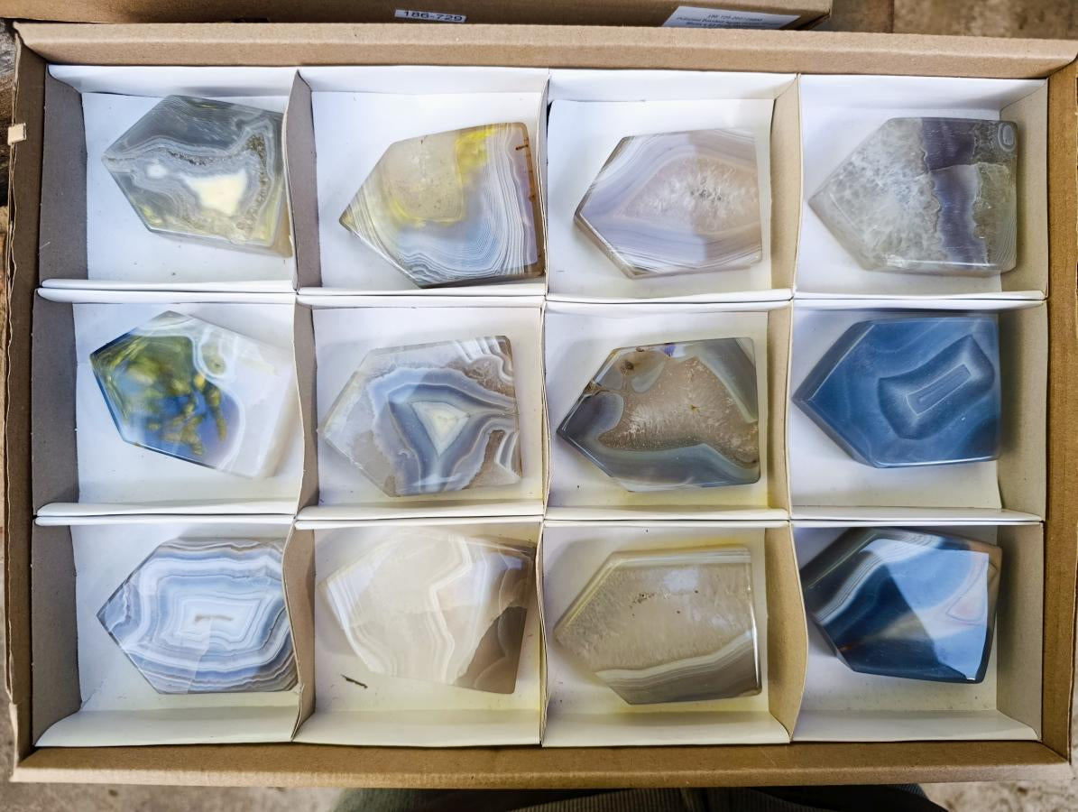 Polished Banded Agate Crystal Shaped Slices x 12 From Madagascar - Toprock Gemstones and Minerals 