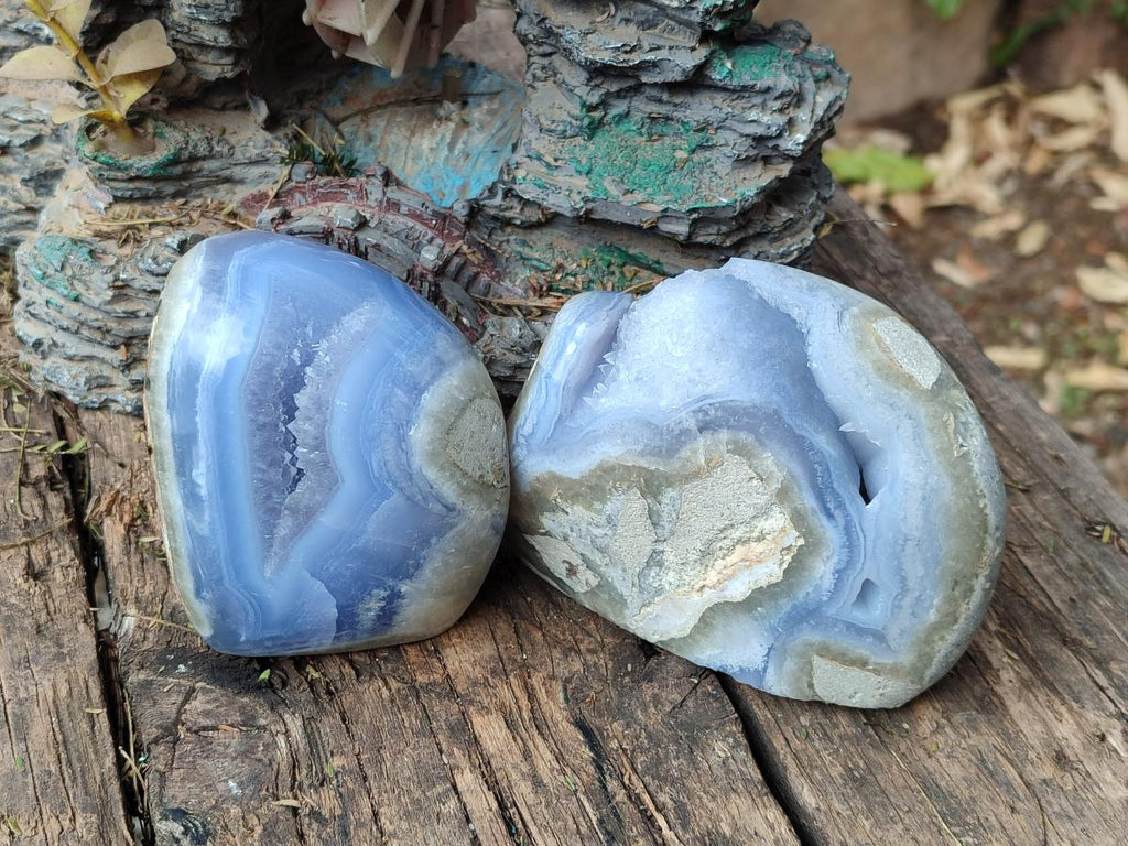 Polished and Natural Blue Lace Agate Standing Display Pieces x 2 From Nsanje, Malawi - Toprock Gemstones and Minerals 