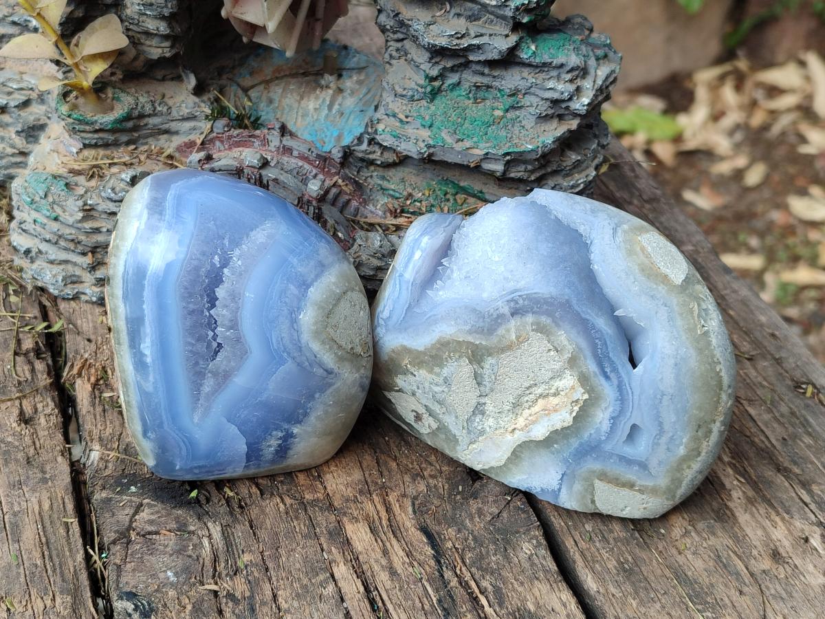 Polished and Natural Blue Lace Agate Standing Display Pieces x 2 From Nsanje, Malawi - Toprock Gemstones and Minerals 