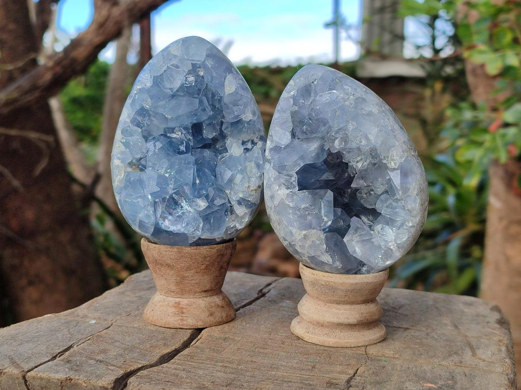 Polished and Natural Blue Celestite Eggs x 3 From Sakoany, Madagascar - Toprock Gemstones and Minerals 
