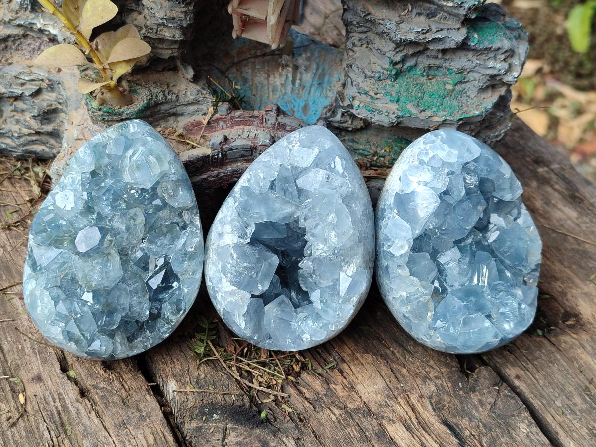 Polished and Natural Blue Celestite Eggs x 3 From Sakoany, Madagascar - Toprock Gemstones and Minerals 