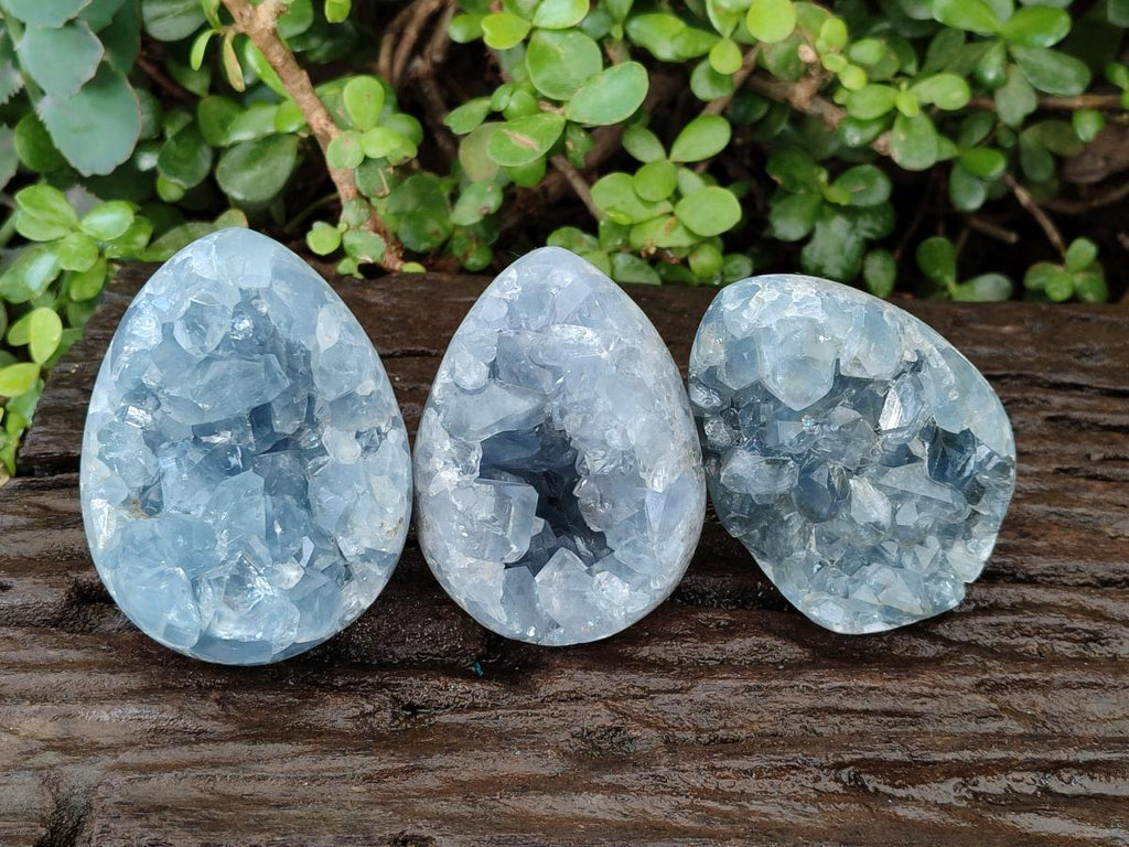 Polished and Natural Blue Celestite Eggs x 3 From Sakoany, Madagascar - Toprock Gemstones and Minerals 