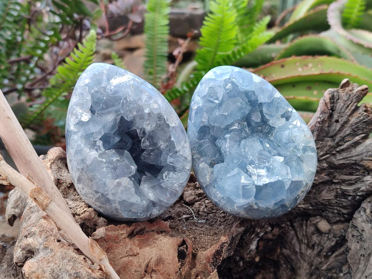 Polished and Natural Blue Celestite Eggs x 3 From Sakoany, Madagascar - Toprock Gemstones and Minerals 