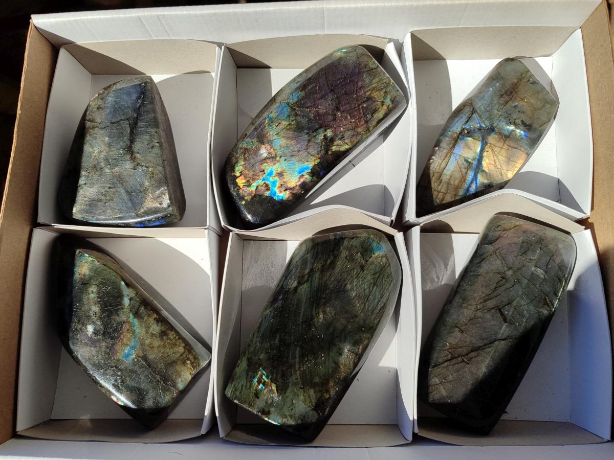Polished Spectrolite Labradorite Standing Display Pieces x 6 From Madagascar - Toprock Gemstones and Minerals 