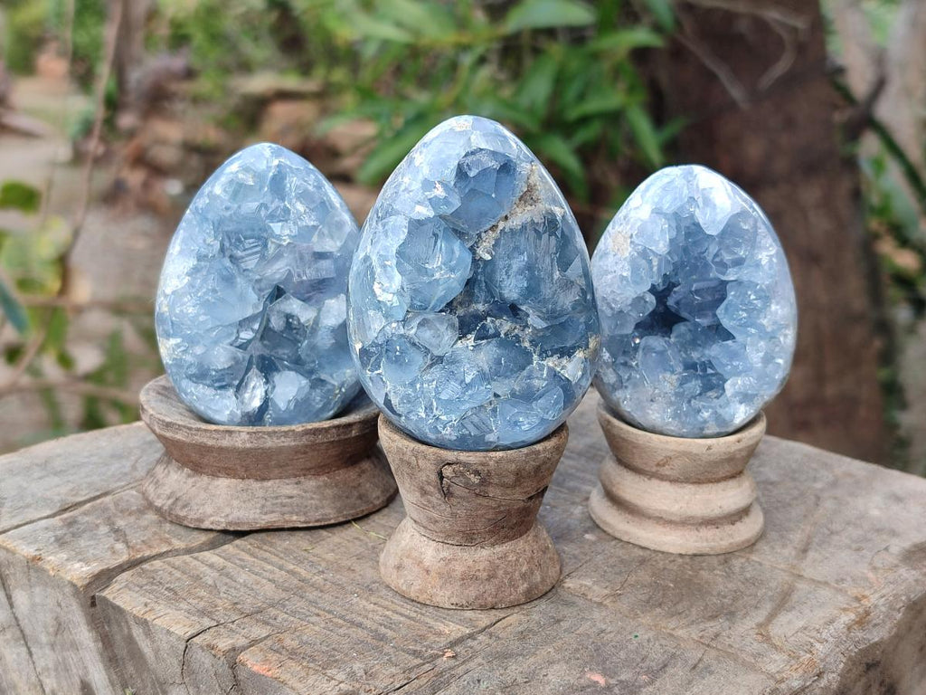 Polished and Natural Blue Celestite Eggs x 5 From Sakoany, Madagascar - Toprock Gemstones and Minerals 