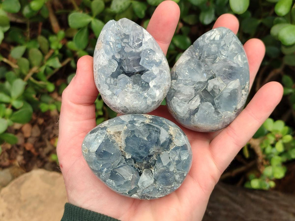 Polished and Natural Blue Celestite Eggs x 5 From Sakoany, Madagascar - Toprock Gemstones and Minerals 