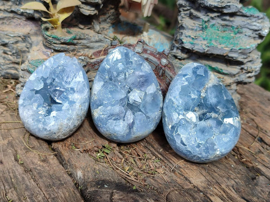 Polished and Natural Blue Celestite Eggs x 5 From Sakoany, Madagascar - Toprock Gemstones and Minerals 