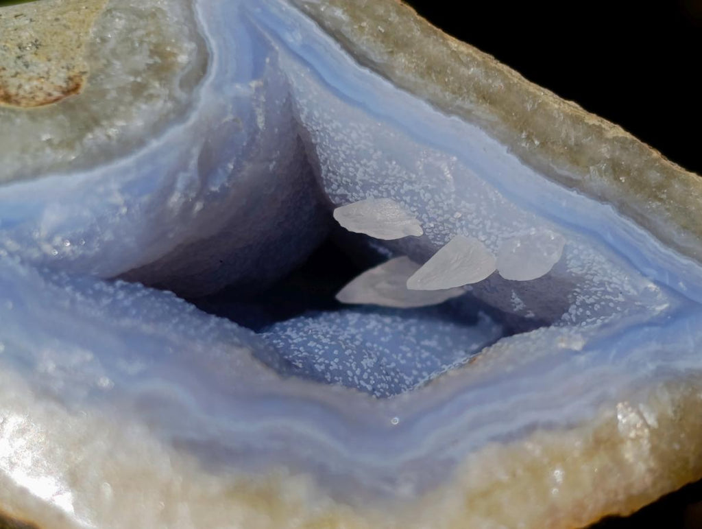 Polished One Side Blue Lace Agate Geodes with Dog Tooth Calcite x 12 From Nsanje, Malawi - Toprock Gemstones and Minerals 