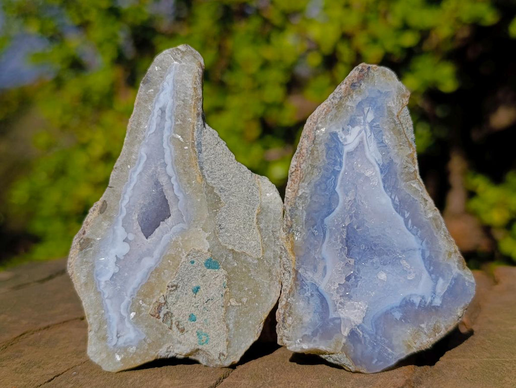 Polished One Side Blue Lace Agate Geodes with Dog Tooth Calcite x 12 From Nsanje, Malawi - Toprock Gemstones and Minerals 