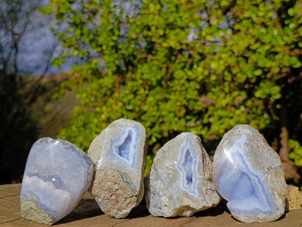 Polished One Side Blue Lace Agate Geodes with Dog Tooth Calcite x 12 From Nsanje, Malawi - Toprock Gemstones and Minerals 