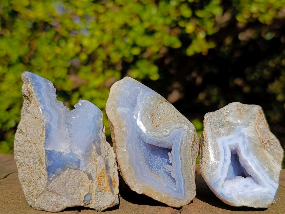 Polished One Side Blue Lace Agate Geodes with Dog Tooth Calcite x 12 From Nsanje, Malawi - Toprock Gemstones and Minerals 