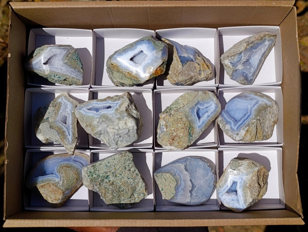 Polished One Side Blue Lace Agate Geodes with Dog Tooth Calcite x 12 From Nsanje, Malawi - Toprock Gemstones and Minerals 
